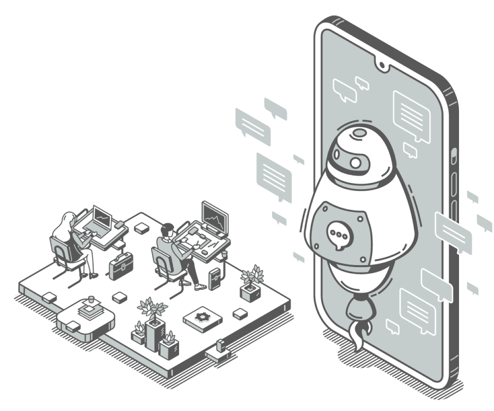 デスクで作業をする人々と、巨大なスマートフォン画面に浮かぶロボットが描かれたイラスト